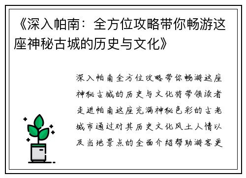 《深入帕南：全方位攻略带你畅游这座神秘古城的历史与文化》